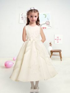 Sleeveless Satin and Tulle Tea Length Zipper Flower Girl Dresses in White with Beading and Lace and Bowknot