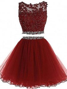 Custom Design Burgundy Tulle Zipper Prom Dresses Sleeveless Mini Length Beading and Lace and Appliques