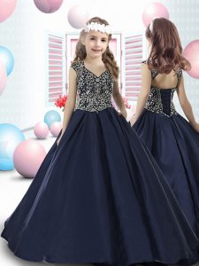A-line Little Girls Pageant Gowns Navy Blue Straps Taffeta Sleeveless Floor Length Lace Up