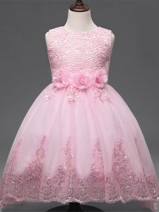 Top Selling Tulle Scoop Sleeveless Zipper Lace and Appliques and Bowknot and Hand Made Flower Little Girls Pageant Dress