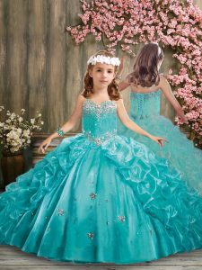 Admirable Aqua Blue Sleeveless Floor Length Beading and Pick Ups Lace Up Little Girls Pageant Dress