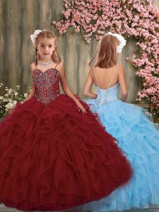 Sleeveless Tulle Floor Length Lace Up Little Girl Pageant Dress in Burgundy with Beading and Ruffles