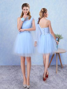 Aqua Blue Asymmetric Neckline Belt Wedding Guest Dresses Sleeveless Lace Up