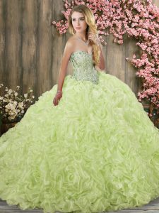 Fabric With Rolling Flowers Sweetheart Sleeveless Brush Train Lace Up Beading Ball Gown Prom Dress in Yellow Green