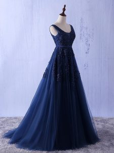 Shining Navy Blue Sleeveless Tulle Lace Up Prom Dress for Prom and Party