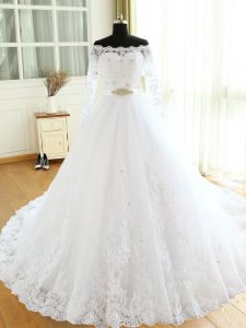 White Bridal Gown Scalloped Long Sleeves Court Train Zipper