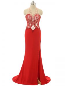 Stunning Sleeveless Chiffon Brush Train Backless Dress for Prom in Red with Beading