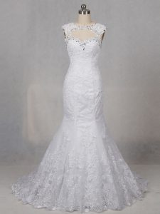 Exceptional White Backless Scoop Beading and Lace Bridal Gown Tulle Sleeveless Brush Train