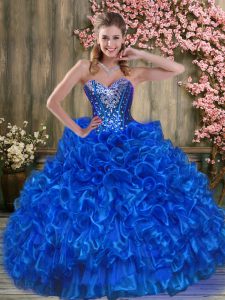 Ball Gowns Vestidos de Quinceanera Royal Blue Sweetheart Organza Sleeveless Floor Length Lace Up