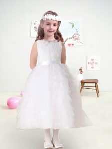 Super White Scoop Neckline Lace and Ruffles Toddler Flower Girl Dress Sleeveless Zipper