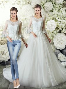 Beauteous V-neck 3 4 Length Sleeve Tulle Wedding Dress Lace Court Train Zipper