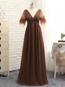 Brown Mother of Bride Dresses Prom and Sweet 16 and Beach with Beading and Ruching V-neck Sleeveless Zipper