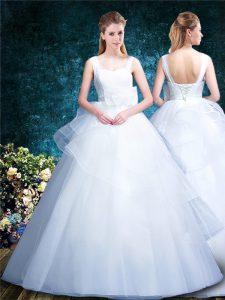 White Ball Gowns Tulle Straps Sleeveless Ruffled Layers and Bowknot Floor Length Lace Up Wedding Dresses