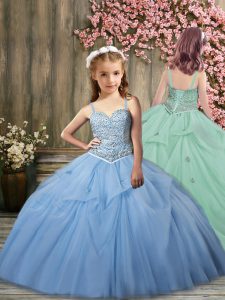 On Sale Light Blue Lace Up Straps Beading and Pick Ups Girls Pageant Dresses Tulle Sleeveless Brush Train