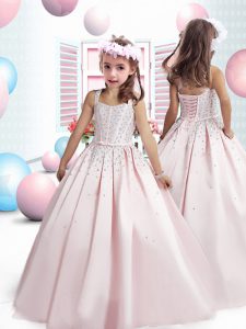 Baby Pink Taffeta Lace Up Straps Sleeveless Floor Length Little Girls Pageant Gowns Beading