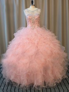 Tulle Sleeveless Floor Length Quinceanera Gowns and Beading and Ruffles