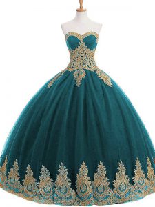 Flare Tulle Sweetheart Sleeveless Lace Up Appliques Vestidos de Quinceanera in Teal