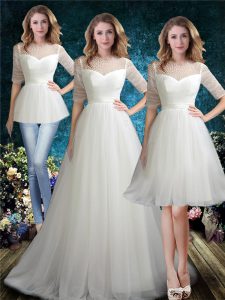 Flirting White Half Sleeves Brush Train Beading Wedding Dress