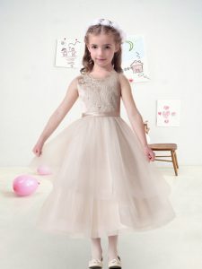 Dynamic Champagne Zipper Scoop Lace and Belt Flower Girl Dress Tulle Sleeveless