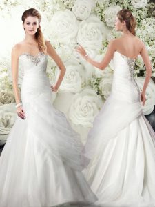 Shining White Wedding Dress Tulle Brush Train Sleeveless Beading and Pick Ups