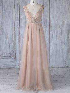 Peach Empire Tulle V-neck Sleeveless Lace Floor Length Zipper Damas Dress