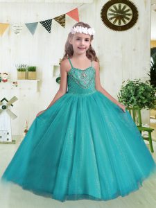 Ball Gowns Kids Pageant Dress Teal Spaghetti Straps Tulle Sleeveless Floor Length Lace Up
