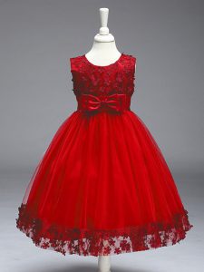 Fashion Sleeveless Tulle Tea Length Zipper Little Girl Pageant Dress in Red with Appliques and Bowknot