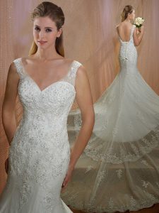 Lovely Chapel Train Mermaid Wedding Gowns White V-neck Tulle Sleeveless Lace Up