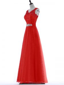 Noble Red Empire V-neck Sleeveless Tulle Floor Length Zipper Beading and Lace Prom Evening Gown