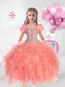 Straps Sleeveless Lace Up Pageant Gowns For Girls Watermelon Red Organza