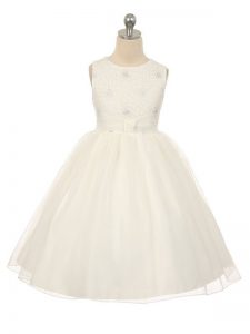 High Class White Ball Gowns Scoop Sleeveless Tulle Knee Length Lace Up Beading Child Pageant Dress