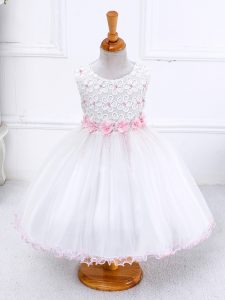 Graceful Sleeveless Zipper Tea Length Appliques Little Girls Pageant Dress Wholesale