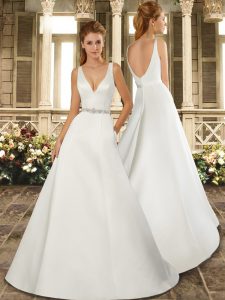 Unique White A-line Satin V-neck Sleeveless Beading Backless Wedding Gown Brush Train