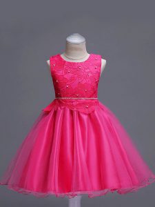 Scoop Sleeveless Little Girls Pageant Dress Knee Length Lace Hot Pink Organza