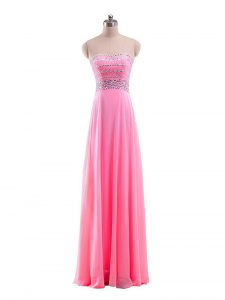 Sleeveless Chiffon Floor Length Zipper Prom Gown in Rose Pink with Beading