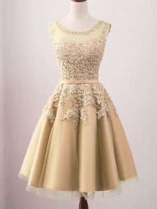Romantic Sleeveless Knee Length Lace Lace Up Damas Dress with Gold