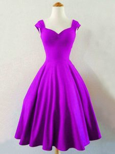 High End Eggplant Purple A-line Taffeta Straps Sleeveless Ruching Knee Length Lace Up Damas Dress