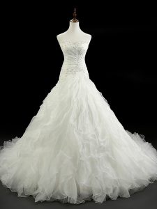 White Sleeveless Organza Court Train Lace Up Wedding Gowns for Wedding Party