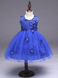Affordable Tulle Scoop Sleeveless Zipper Appliques and Bowknot Little Girl Pageant Dress in Royal Blue