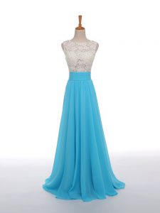 Shining Baby Blue Empire Chiffon Scoop Sleeveless Lace and Appliques Floor Length Side Zipper Evening Dress