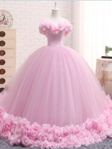 Sleeveless Brush Train Lace Up Hand Made Flower Quince Ball Gowns