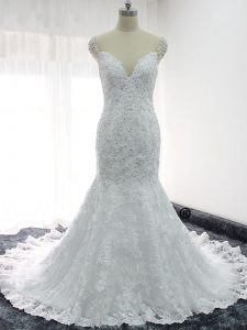 Noble Straps Cap Sleeves Wedding Dress Beading and Lace and Appliques White Lace