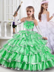 Green Straps Neckline Beading and Ruffled Layers Little Girls Pageant Dress Wholesale Sleeveless Lace Up