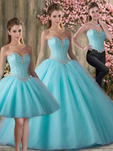 High Class Aqua Blue Sweetheart Lace Up Beading Quinceanera Gown Sleeveless