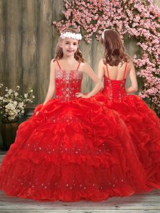 Sleeveless Organza Floor Length Lace Up Little Girls Pageant Dress Wholesale in Red with Beading and Pick Ups