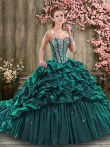 Sleeveless Beading and Pick Ups Lace Up Quinceanera Gown with Dark Green Brush Train