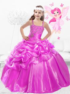 Fuchsia Straps Side Zipper Beading and Pick Ups Little Girl Pageant Gowns Sleeveless