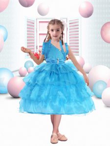Knee Length Aqua Blue Little Girl Pageant Dress Organza Sleeveless Ruffled Layers and Sequins