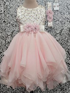 Beading and Hand Made Flower Pageant Gowns For Girls Baby Pink Backless Sleeveless Asymmetrical