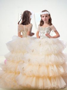 Champagne Ball Gowns Beading and Lace Flower Girl Dresses for Less Clasp Handle Tulle Short Sleeves